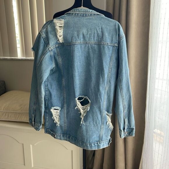 Oversized distressed ripped Front Pocket Denim jean Jacket M - Picture 2 of 5